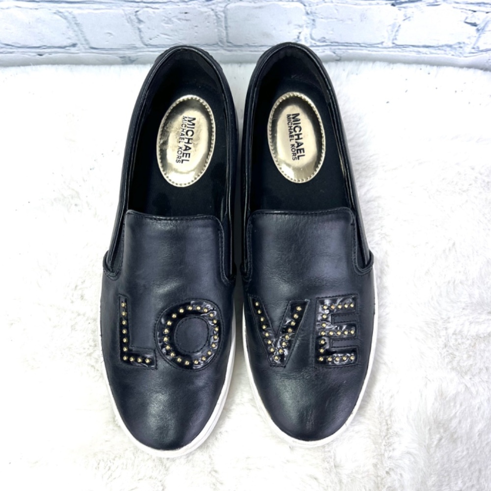 Michael Kors Black Leather 'LOVE' Studded Slip-On Flats